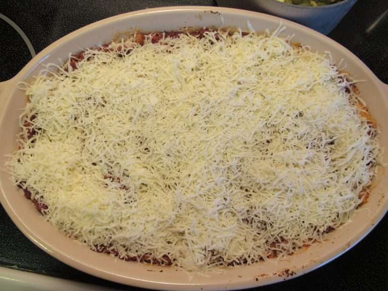 Shredded cheese on mom's lasagna recipe.