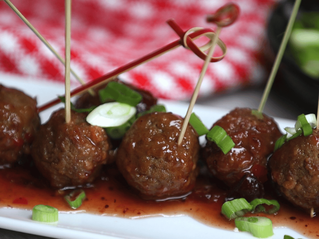 3 ingredient meatballs on platter with toothpicks