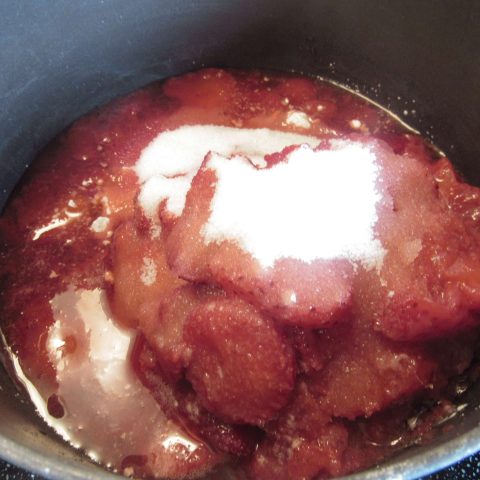 Pie filling ingredients on the stove for Patriotic Baked Strawberry Pie