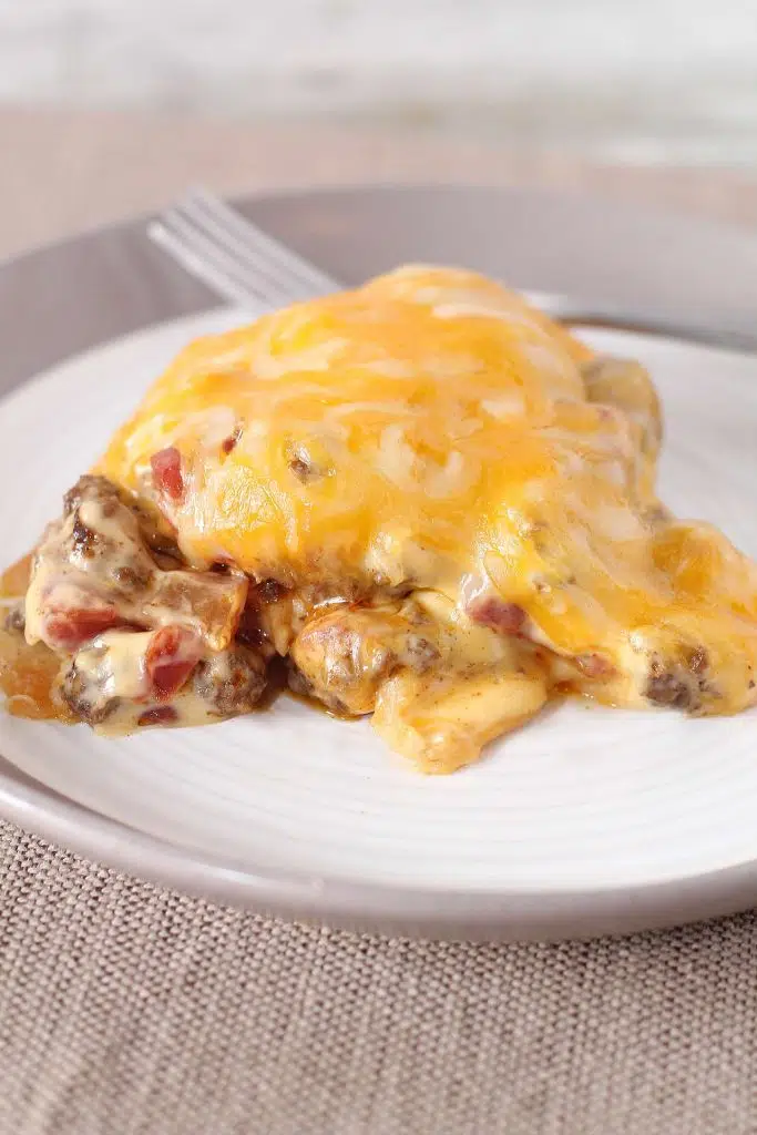 Close up of a single serving of taco casserole recipe with tortillas in a white plate. 