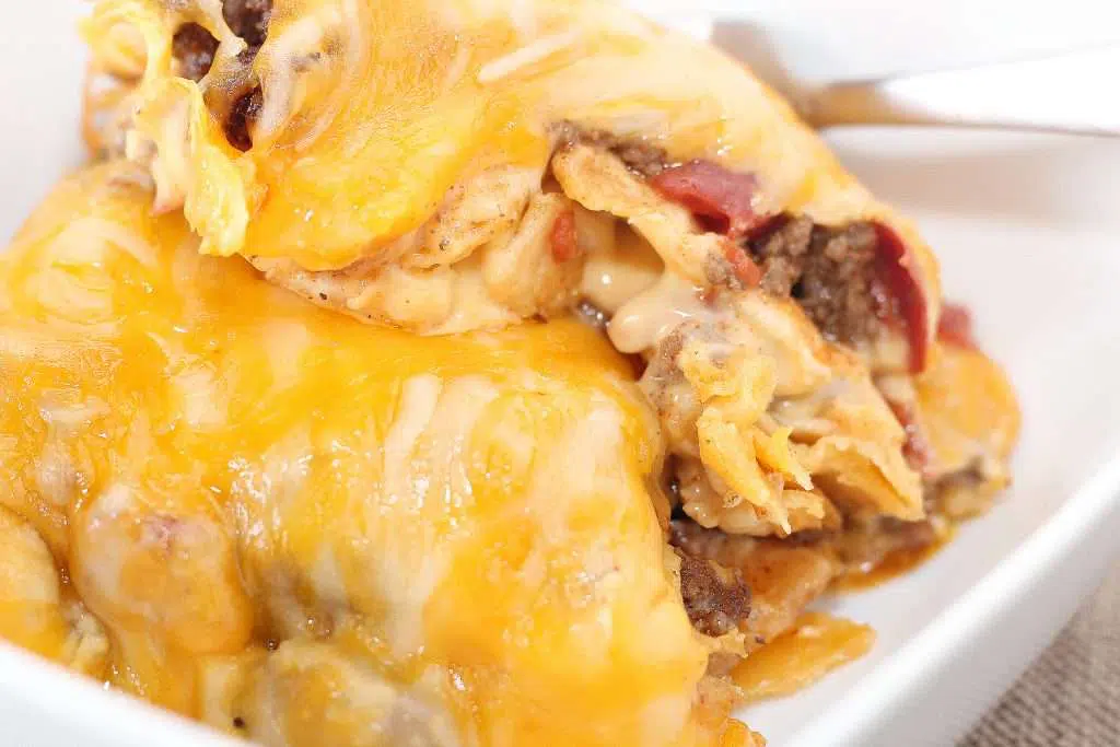 close up of Cheesy Taco Casserole on white plate