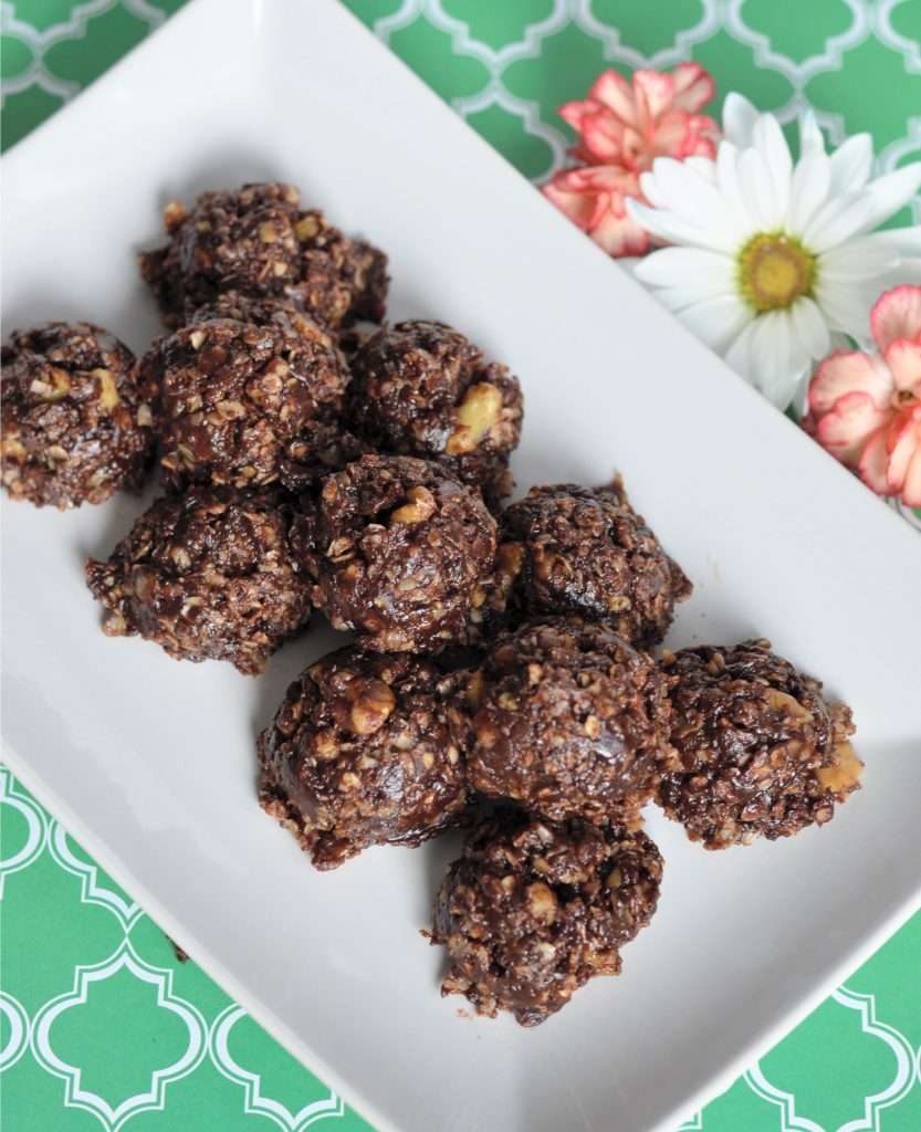 Easy No Bake Lactation Cookies 2 no bake lactation cookies set on a white plate on a green background