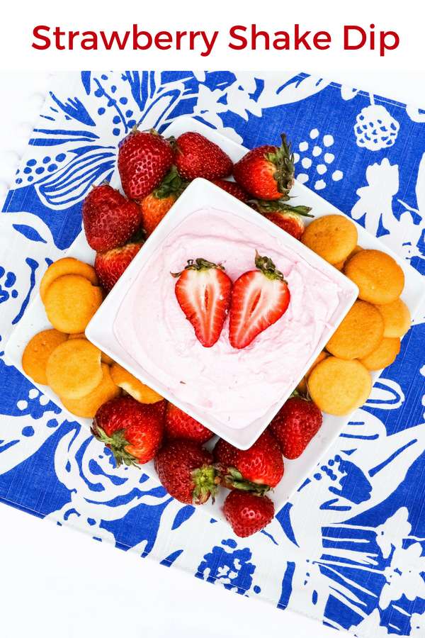 While I don't make strawberry shakes often at home, this strawberry shake dip is an easy and fun alternative. It's great with fruit, or vanilla wafers! | Dessert | Strawberry Milkshake | Fruit Dip | Party Dip