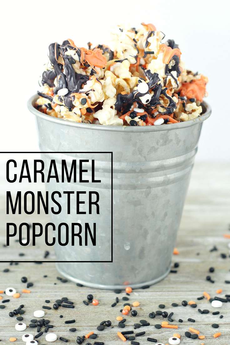This caramel monster popcorn is an easy and fun snack or treat for Halloween! | Halloween Snack | Halloween Treat | Trick or Treat | Football Snack | Fall Appetizer