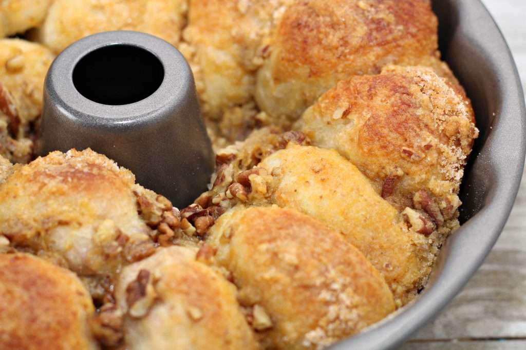 Easy Overnight Brown Sugar Pecan Rolls 6 brown sugar pecan rolls in a pan