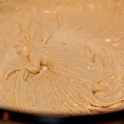 No bake pumpkin cheesecake mixture in a bowl.