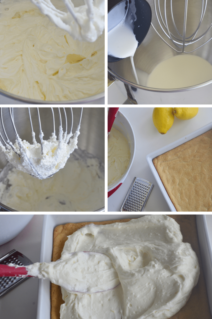 A collage shows whipped cream being made in a mixer, lemon and cake on a counter, and creamy frosting being spread over a baked cake in a rectangular dish.