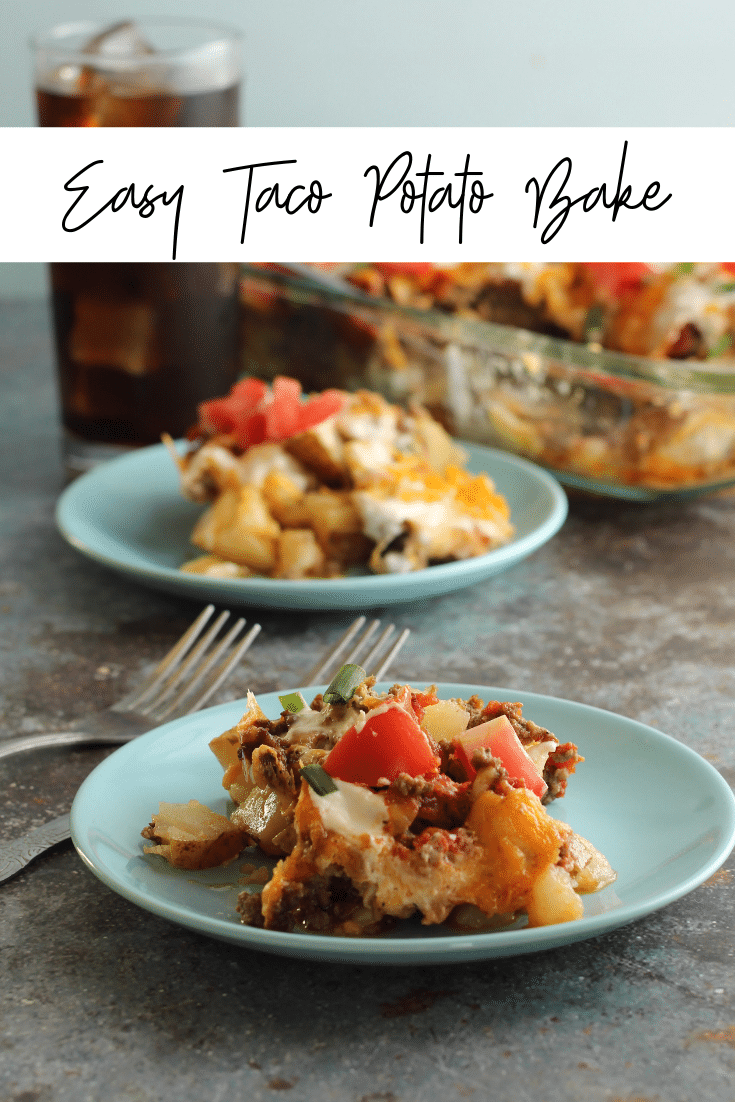 Easy Taco Bake 5 taco potato bake on blue plates with drink in back