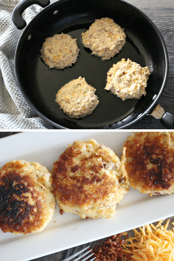 Easy Leftover Loaded Mashed Potato Cakes 4 making potato cakes in skillet, potato cakes on white plate