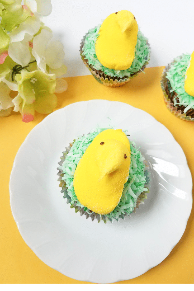 Peeps Cupcakes 4 peeps cupcake on a white plate