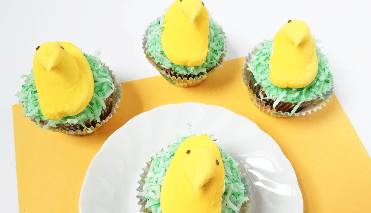 peeps cupcakes on white plate