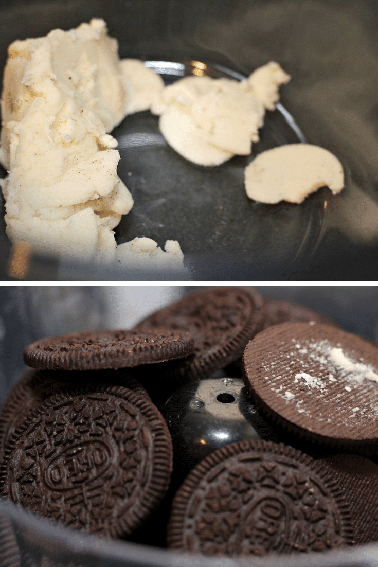 Cookies and Cream Cheesecake 5 oreo filling and cookies being separated into 2 containers