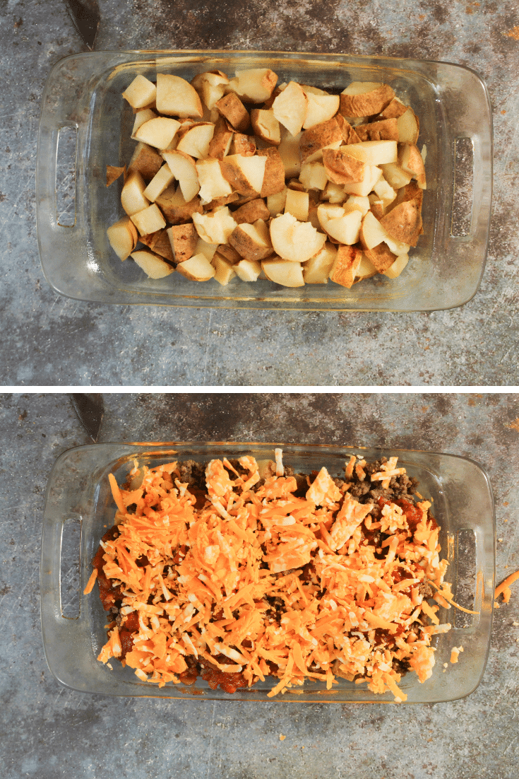 Easy Taco Bake 3 potatoes and potatoes covered in meat, salsa, and cheese