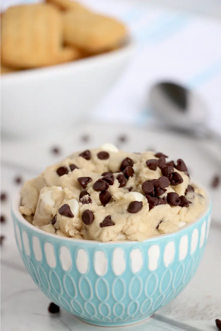 cookie dough dip in blue bowl