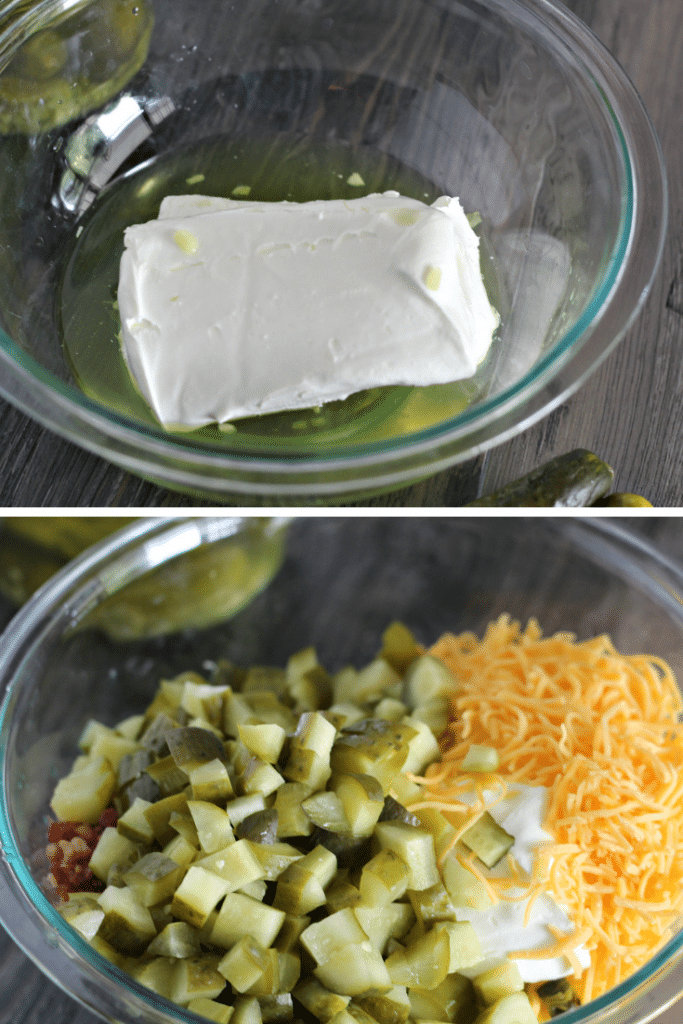 making dill pickle dip in two glass bowls holding ingredients
