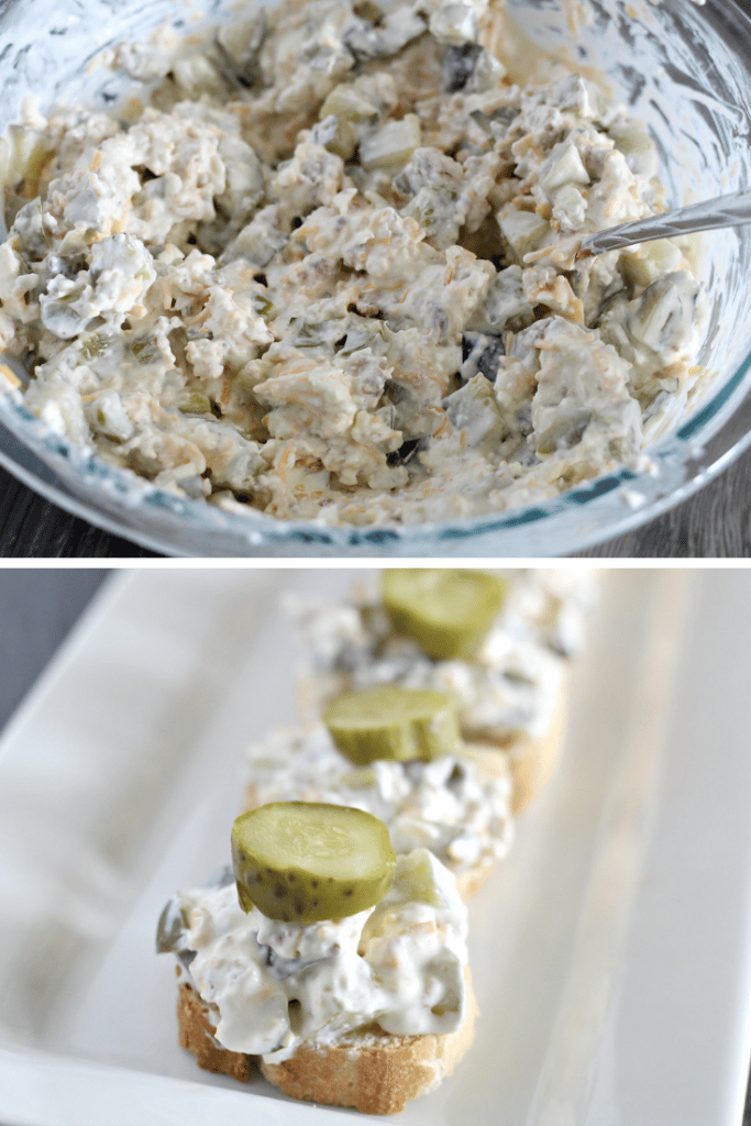 Delicious and Easy Dill Pickle Dip 4 dill pickle dip in bowl and on bread slices