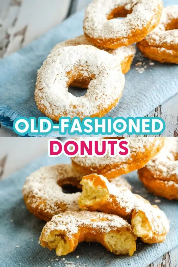 Old Fashioned donuts on a blue napkin on a wooden surface.