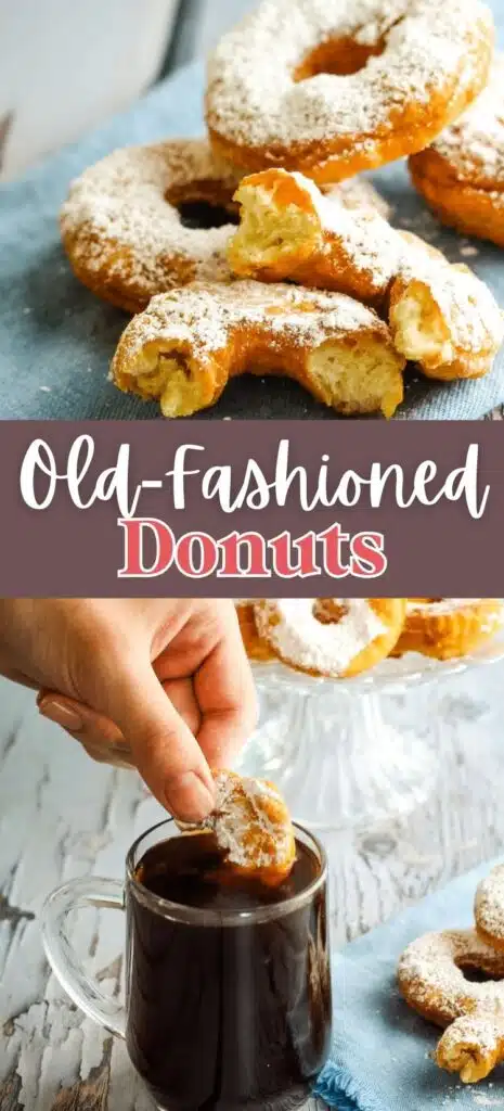 A hand dipping a piece of the finished Old-Fashioned Donut into a cup of black coffee.