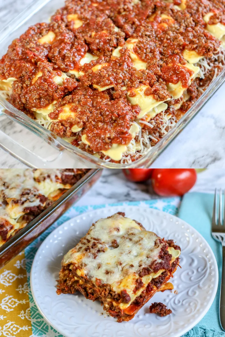 In-process photos of how to make ravioli casserole.