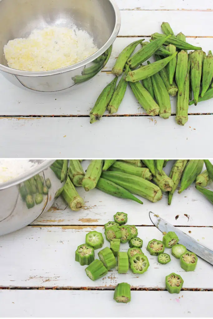 Fried Okra Recipe 4 A collage of step by step images on how to make Fried Okra. The image above features a bunch of okra beside a bowl of flour and cornbread. Below are okra pieces beside a knife and a bowl of breading.
