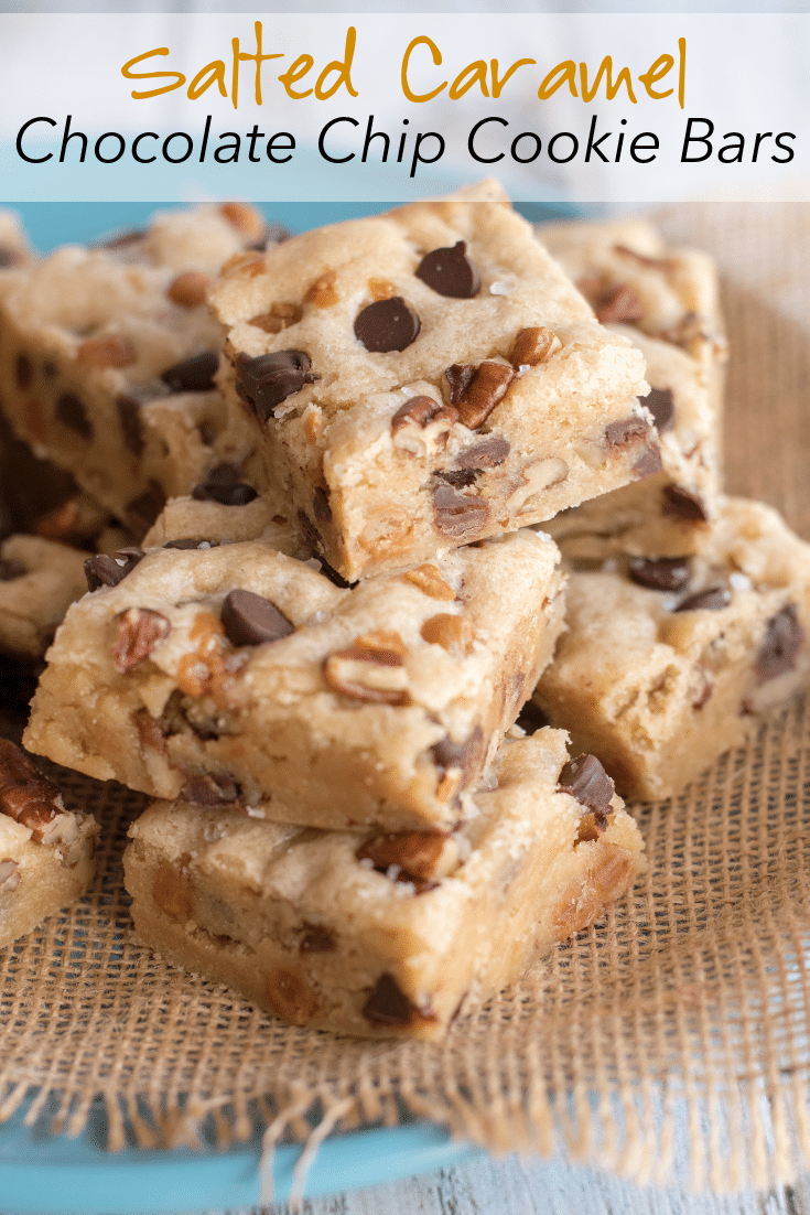 Salted Caramel Chocolate Chip Cookie Bars 8 salted caramel chocolate chip cookie bars on burlap background