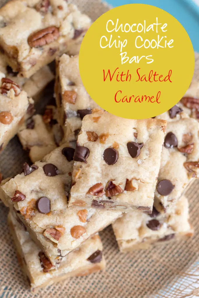 salted caramel chocolate chip cookie bars on burlap
