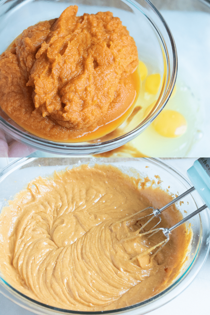 Pumpkin Cake 7 A collage of two photos. The one above is a closeup shot of a glass bowl with pumpkin puree. The one below is a glass bowl with the combine wet ingredients in it.