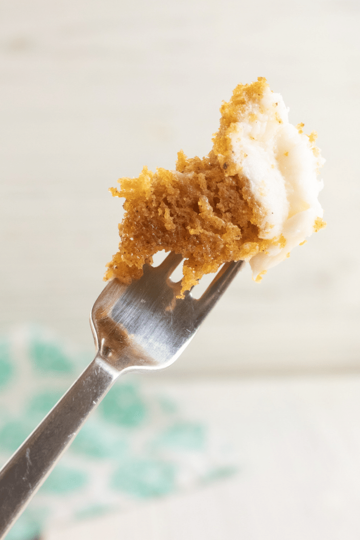 Pumpkin Cake 5 A piece of pumpkin cake on the end of a fork.