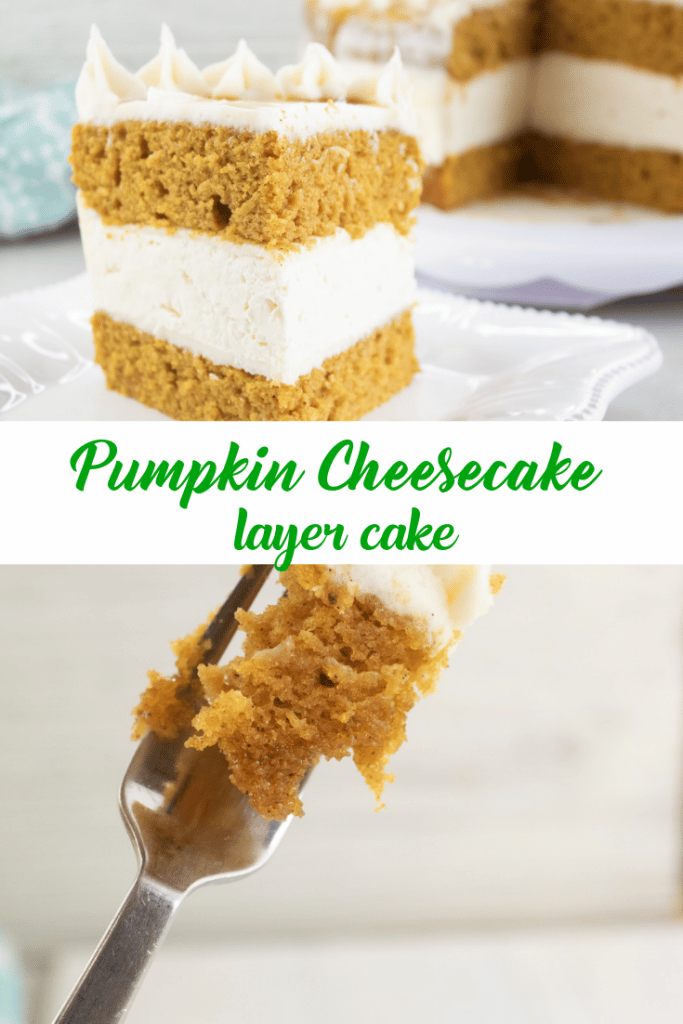pumpkin layer cake on top with a bite shown on fork