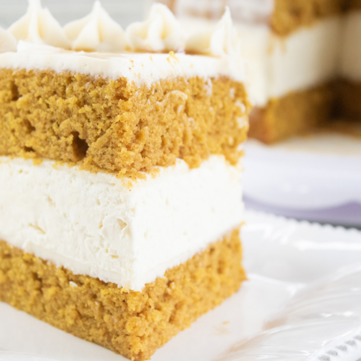Pumpkin Cake 11 slice of pumpkin cake with no bake cheesecake layer