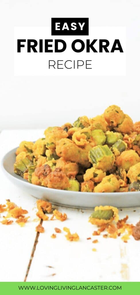 A plate of Fried Okra on a white wooden surface.