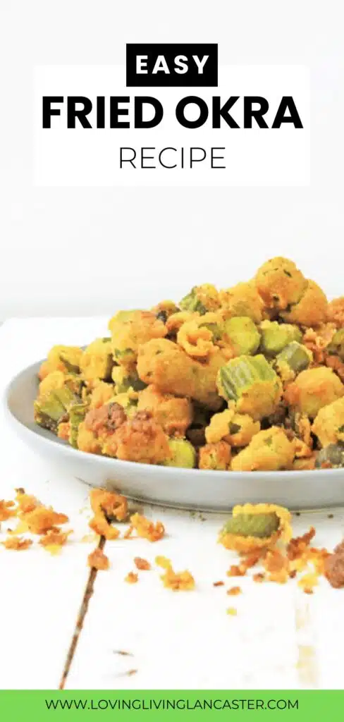 A plate of Fried Okra on a white wooden surface.