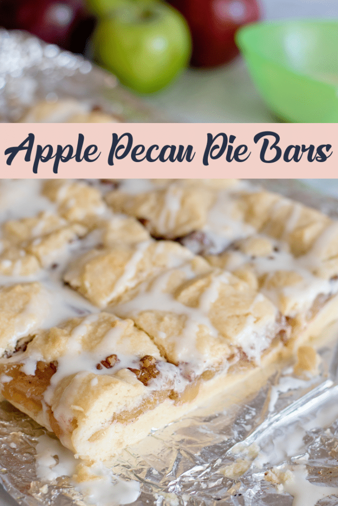 apple pecan pie bars on silver background