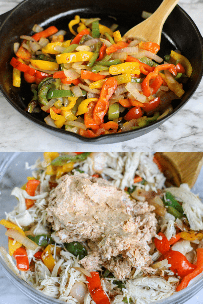 Leftover Chicken Fajita Casserole 12 making leftover rotisserie chicken casserole, mixing the ingredients in a skillet and in a large mixing bowl