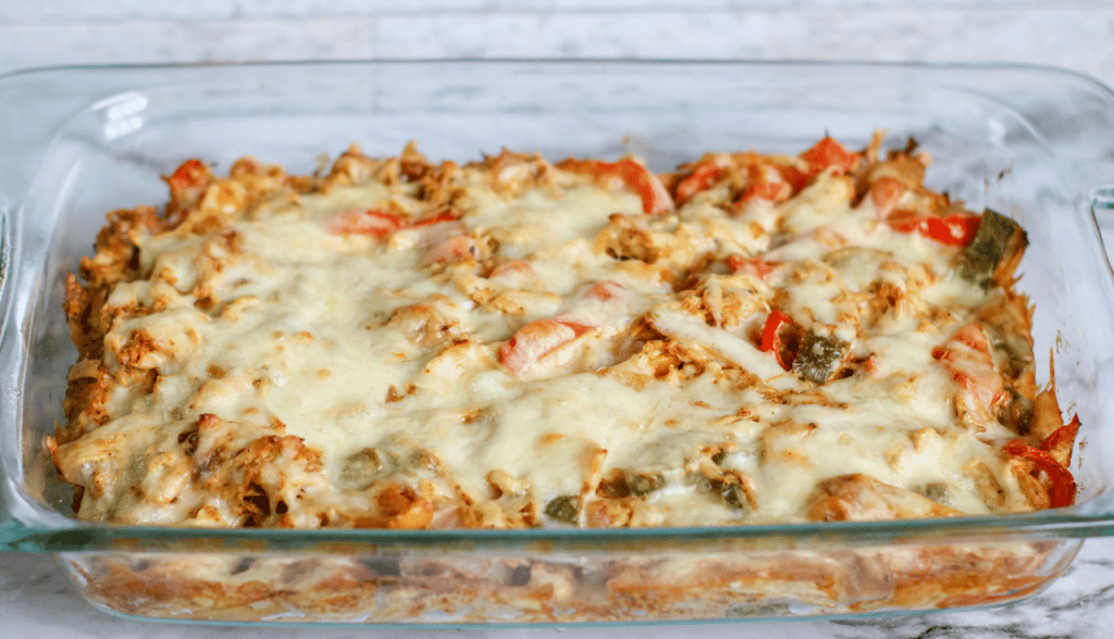 Leftover Chicken Fajita Casserole 9 Chicken fajita casserole in glass pan