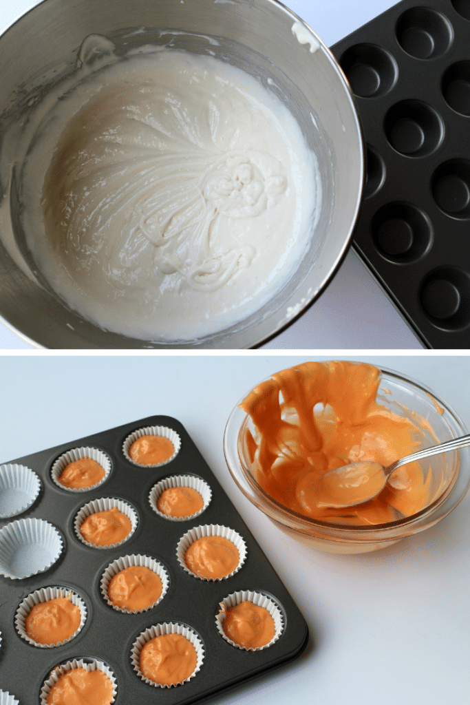 Vanilla cupcake batter in the top image and a cupcake tin with orange-colored cupcake batter in paper-lined cupcake cups.
