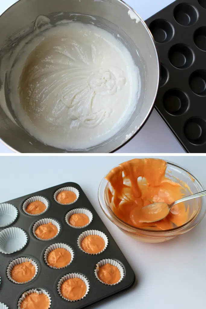 Vanilla cupcake batter in the top image and a cupcake tin with orange-colored cupcake batter in paper-lined cupcake cups.
