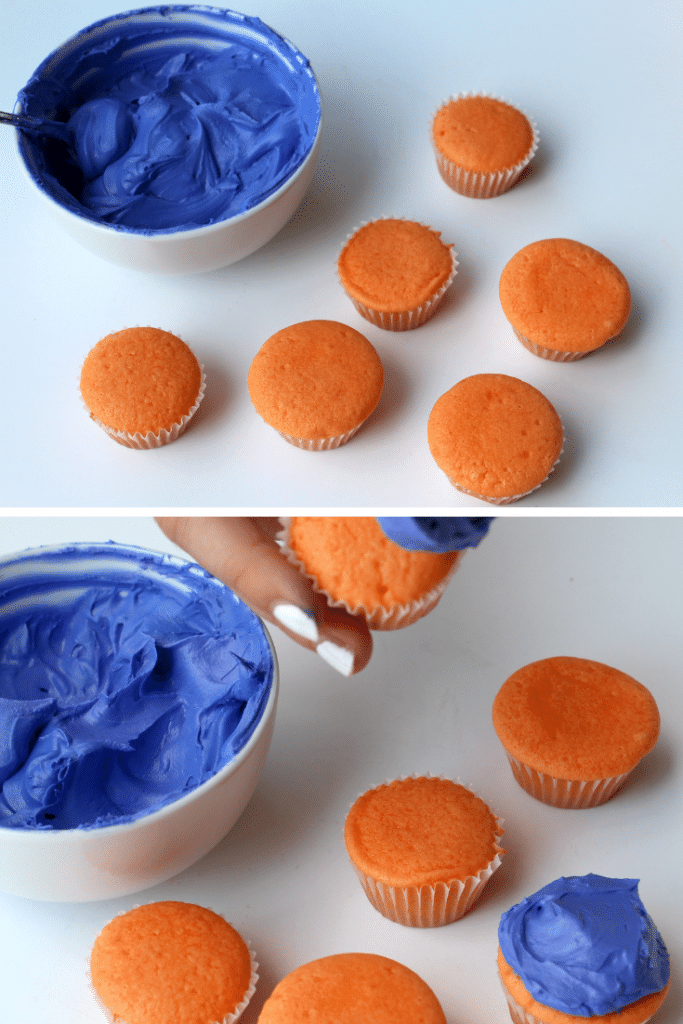 Blue frosting added to orange-colored cupcake bases.