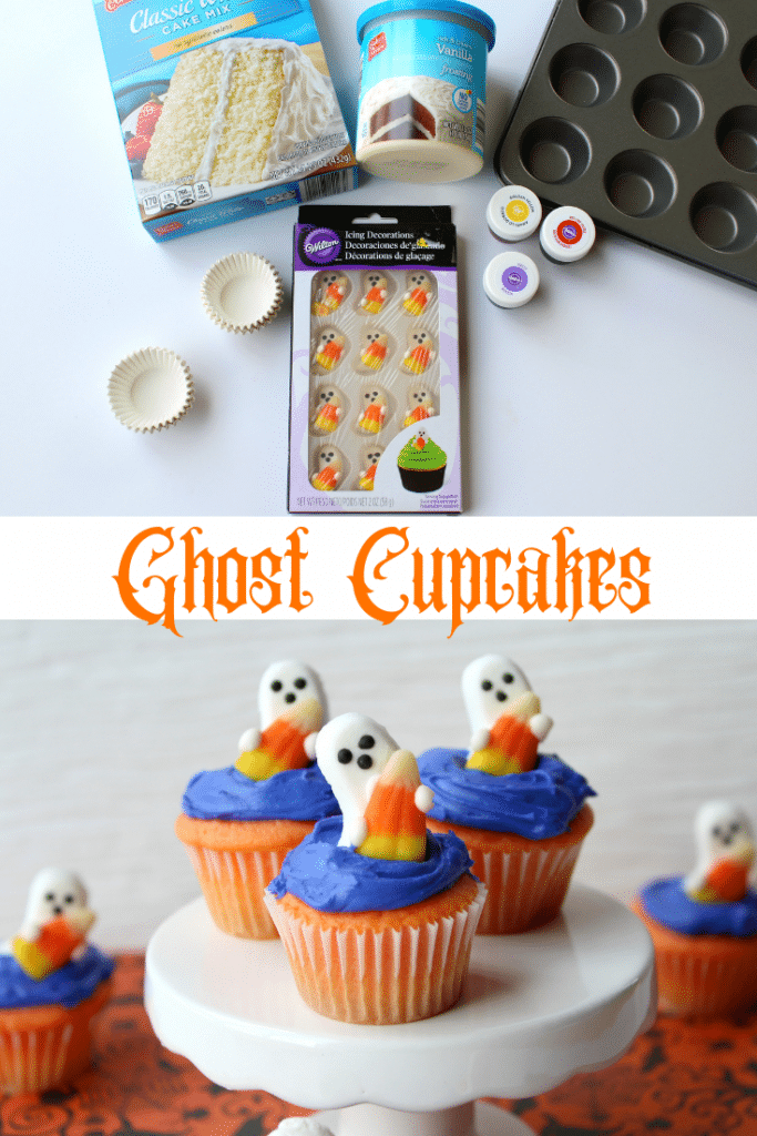 ingredients for cupcakes and 3 candy shaped ghosts on top of 3 blue frosted cupcakes