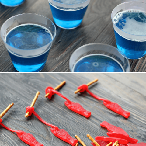 blue jello on top, swedish fish on pretzel rods on bottom