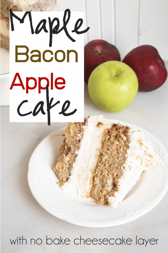 maple bacon apple cake on a white plate