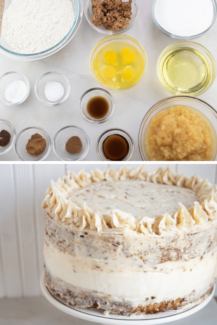 Maple Bacon Apple Cake 4 ingredients for cake and finished maple apple bacon cake on bottom