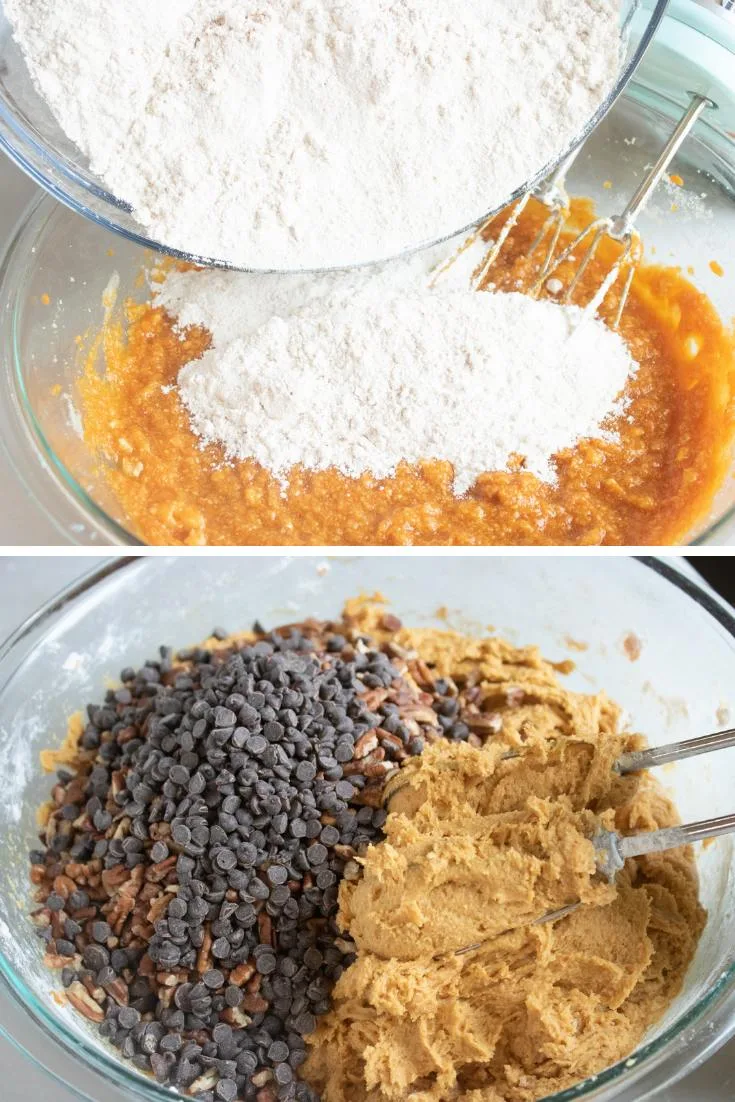 mixing flour into wet ingredients, stirring in chocolate chips and pecasn
