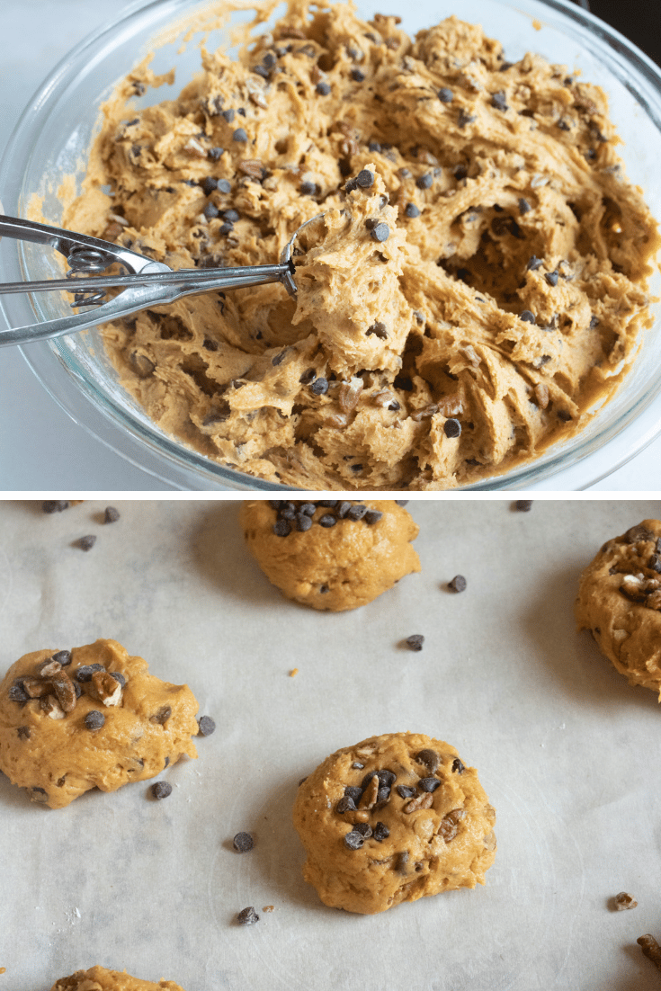 Pumpkin Chocolate Chip Cookies 5 scooping batter onto cookie sheet