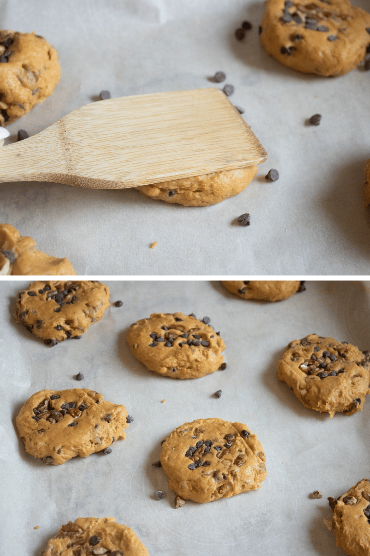 Pumpkin Chocolate Chip Cookies 6 pressing cookies down with wooden spoon