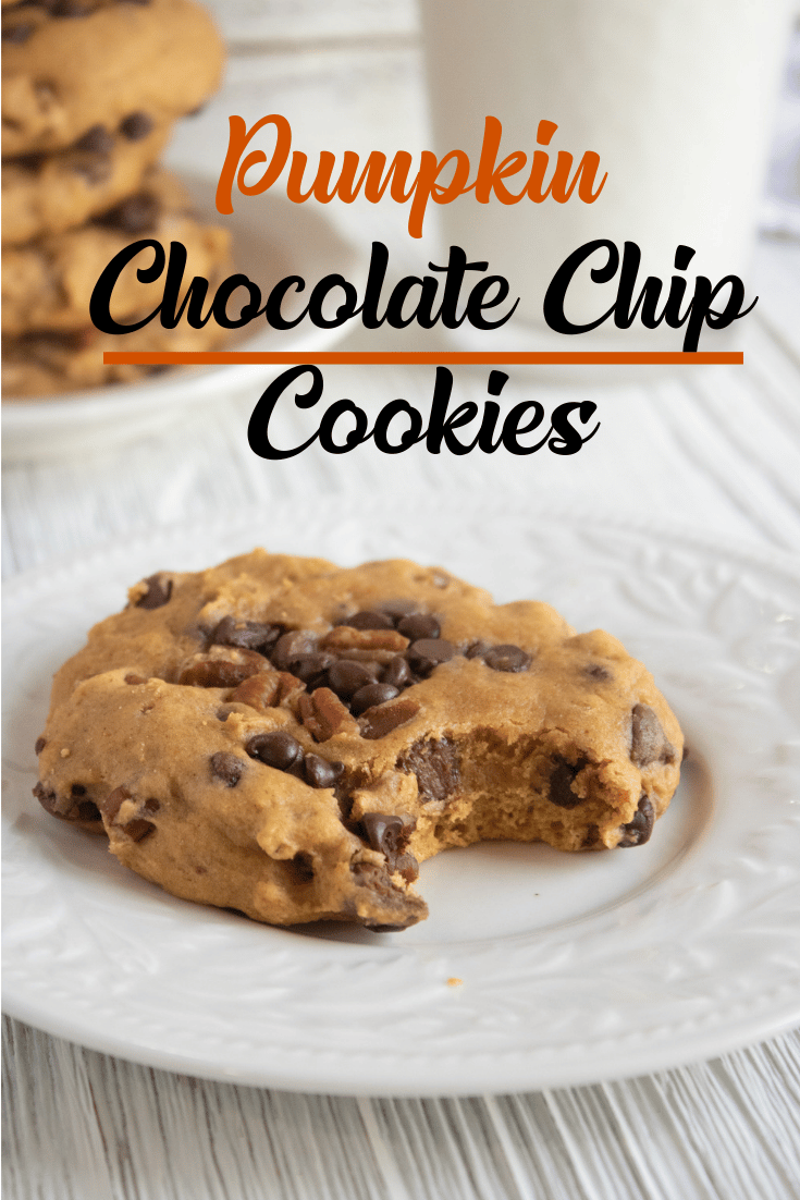 Pumpkin Chocolate Chip Cookies 7 pumpkin chocolate chip cookie with bite taken out of it on white plate