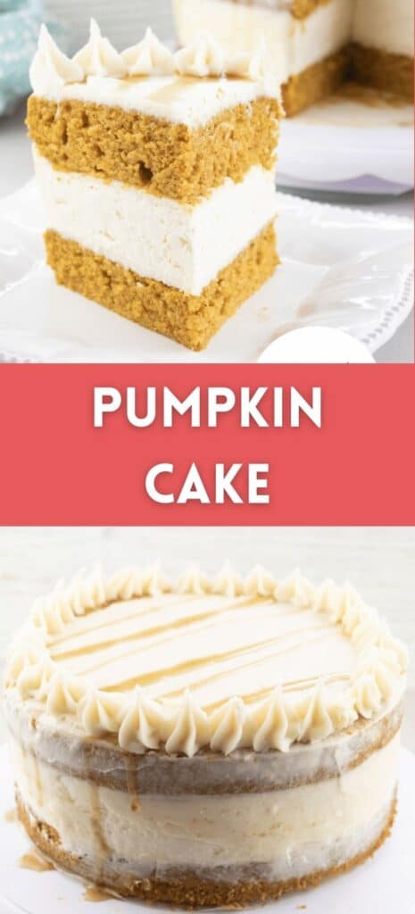 The Pinterest Pin image for Pumpkin Cake featuring an image of a fork with a bite of the pumpkin cake in its tip. In the bottom image, the whole Pumpkin Cake is on a white cake stand.