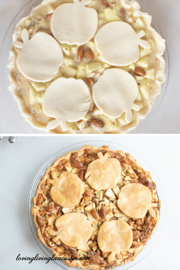 apple pie with almonds before and after baking 