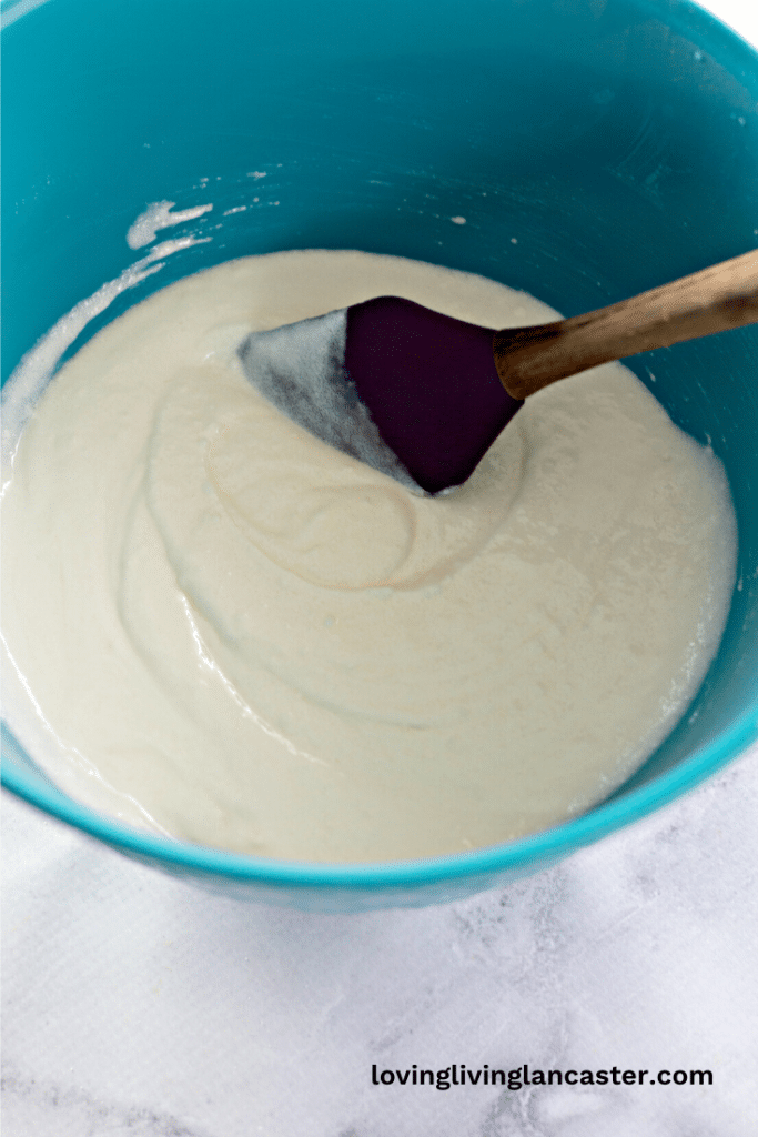 Amish Sugar Cookies 12 Wet ingredients mixed into the flour, baking powder, and cream of tartar in a mixing bowl.