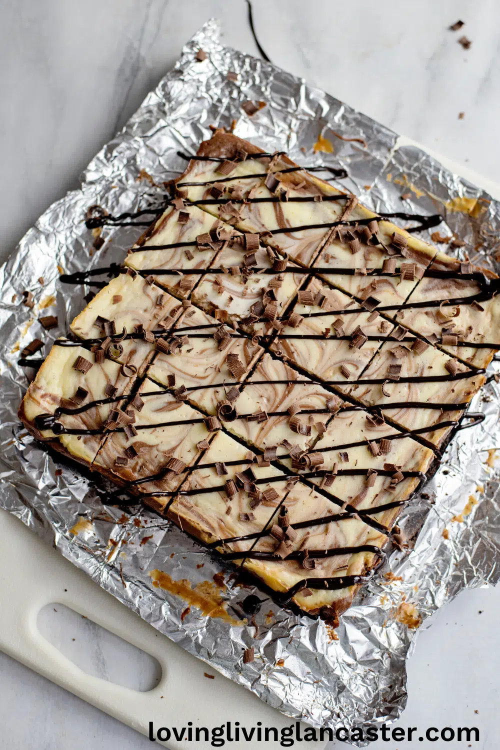 chocolate cheesecake cut into bars